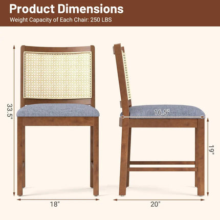 Rattan Dining Chair Set of 2 with Rubber Wood Frame and Linen Fabric Padded Seat-Walnut - Walnut - Dining Chairs