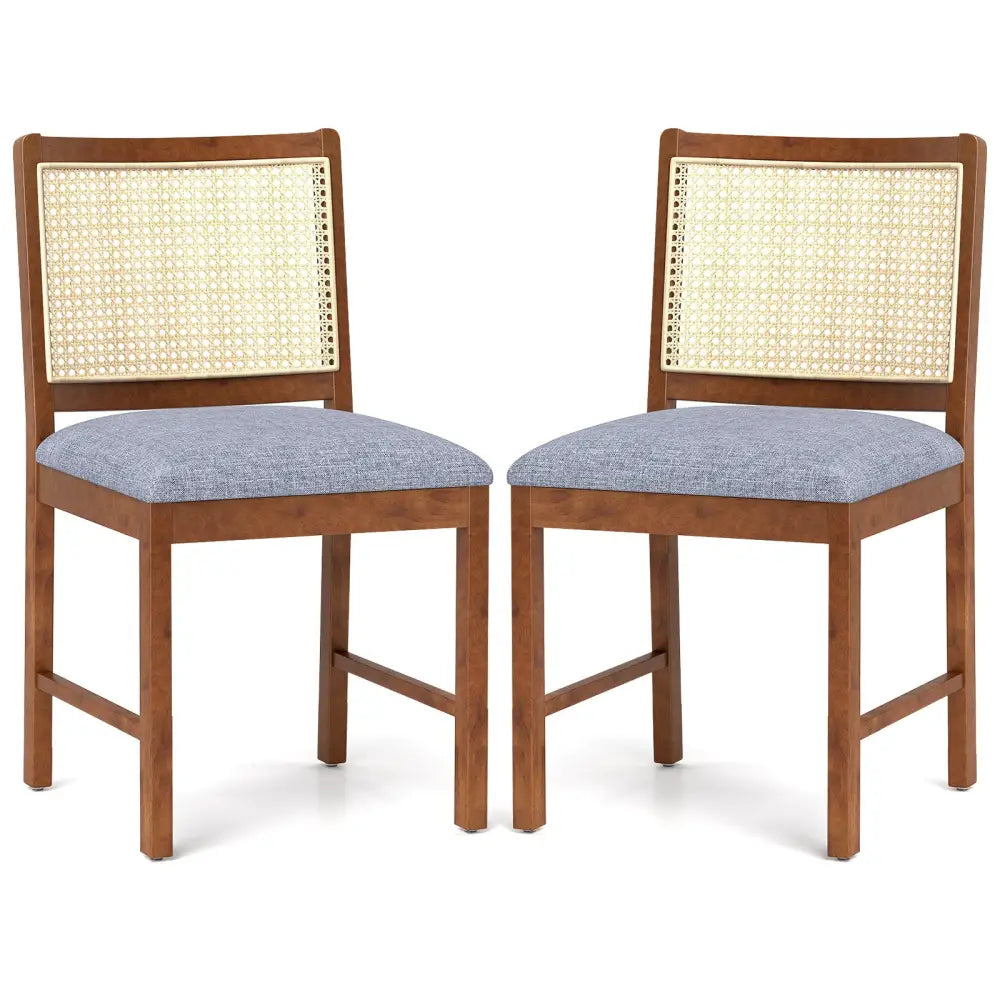 Rattan Dining Chair Set of 2 with Rubber Wood Frame and Linen Fabric Padded Seat-Walnut - Walnut - Dining Chairs
