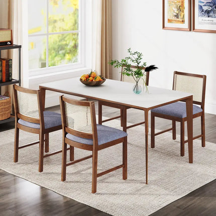 Rattan Dining Chair Set of 2 with Rubber Wood Frame and Linen Fabric Padded Seat-Walnut - Walnut - Dining Chairs