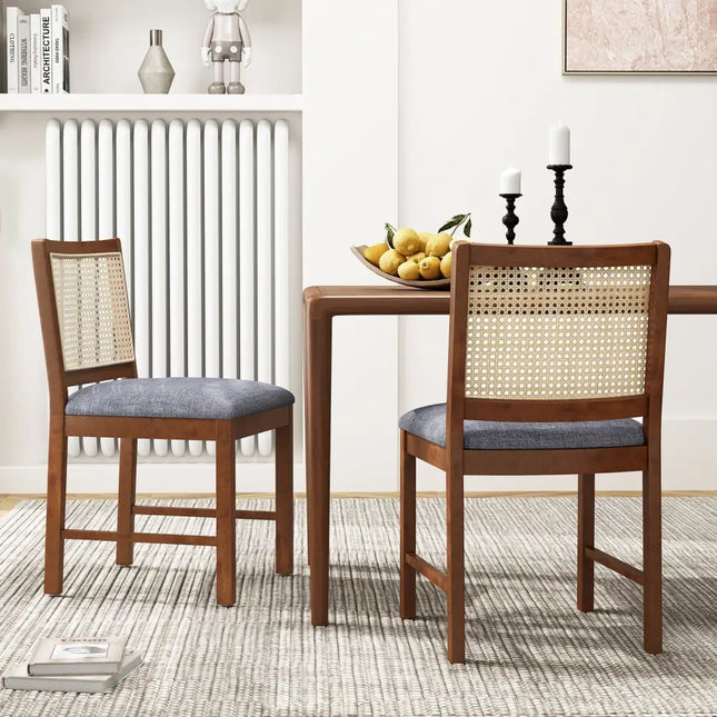 Rattan Dining Chair Set of 2 with Rubber Wood Frame and Linen Fabric Padded Seat-Walnut - Walnut - Dining Chairs