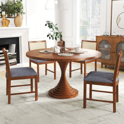 Rattan Dining Chair Set of 2 with Rubber Wood Frame and Linen Fabric Padded Seat-Walnut - Walnut - Dining Chairs