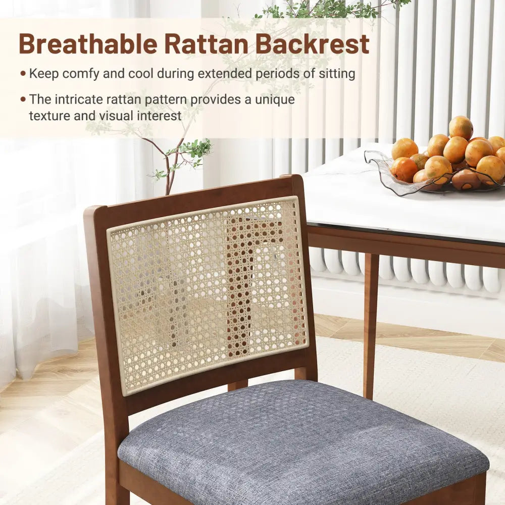 Rattan Dining Chair Set of 2 with Rubber Wood Frame and Linen Fabric Padded Seat-Walnut - Walnut - Dining Chairs