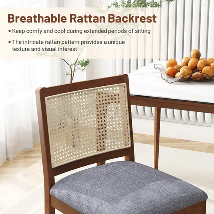Rattan Dining Chair Set of 2 with Rubber Wood Frame and Linen Fabric Padded Seat-Walnut - Walnut - Dining Chairs