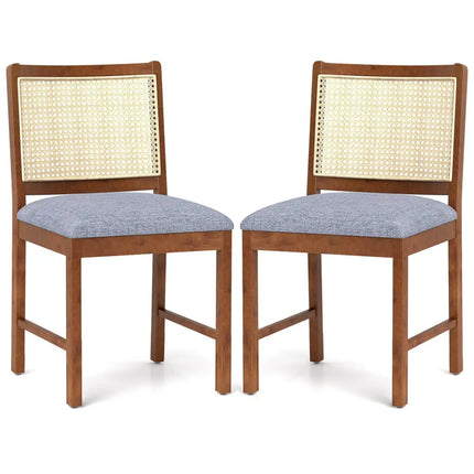 Rattan Dining Chair Set of 2 with Rubber Wood Frame and Linen Fabric Padded Seat-Walnut - Walnut - Dining Chairs