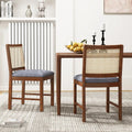 Rattan Dining Chair Set of 2 with Rubber Wood Frame and Linen Fabric Padded Seat-Walnut - Walnut - Dining Chairs