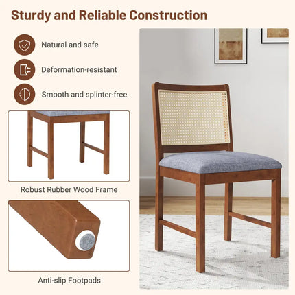Rattan Dining Chair Set of 2 with Rubber Wood Frame and Linen Fabric Padded Seat-Walnut - Walnut - Dining Chairs