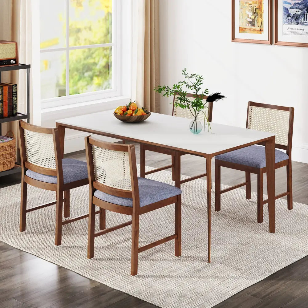 Rattan Dining Chair Set of 2 with Rubber Wood Frame and Linen Fabric Padded Seat-Walnut - Walnut - Dining Chairs