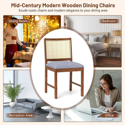 Rattan Dining Chair Set of 2 with Rubber Wood Frame and Linen Fabric Padded Seat-Walnut - Walnut - Dining Chairs
