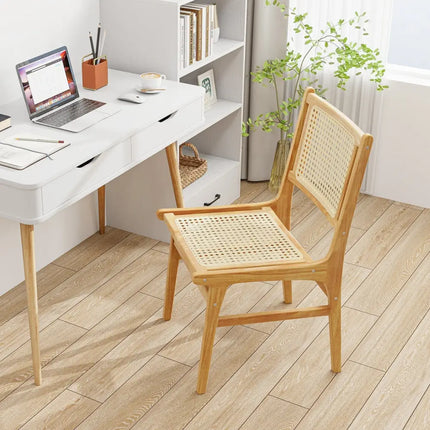 Rattan Dining Chair with Natural Cane Woven Backrest and Teak Wood Frame - Natural - Dining Chairs