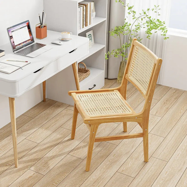 Rattan Dining Chair with Natural Cane Woven Backrest and Teak Wood Frame - Natural - Dining Chairs