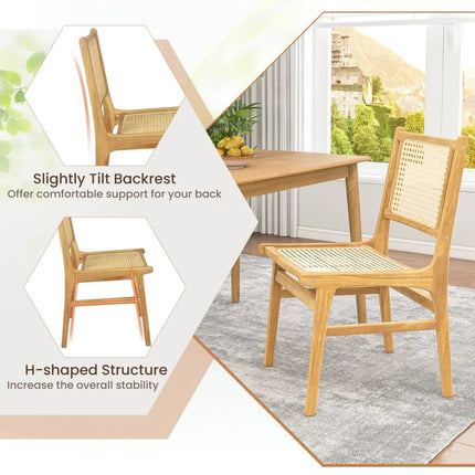 Rattan Dining Chair with Natural Cane Woven Backrest and Teak Wood Frame - Natural - Dining Chairs