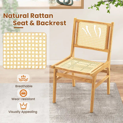 Rattan Dining Chair with Natural Cane Woven Backrest and Teak Wood Frame - Natural - Dining Chairs