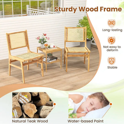 Rattan Dining Chair with Natural Cane Woven Backrest and Teak Wood Frame - Natural - Dining Chairs