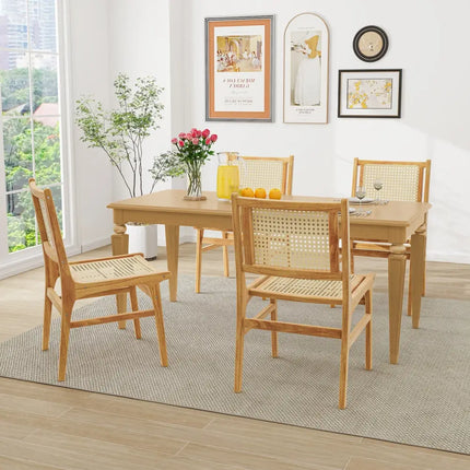 Rattan Dining Chair with Natural Cane Woven Backrest and Teak Wood Frame - Natural - Dining Chairs