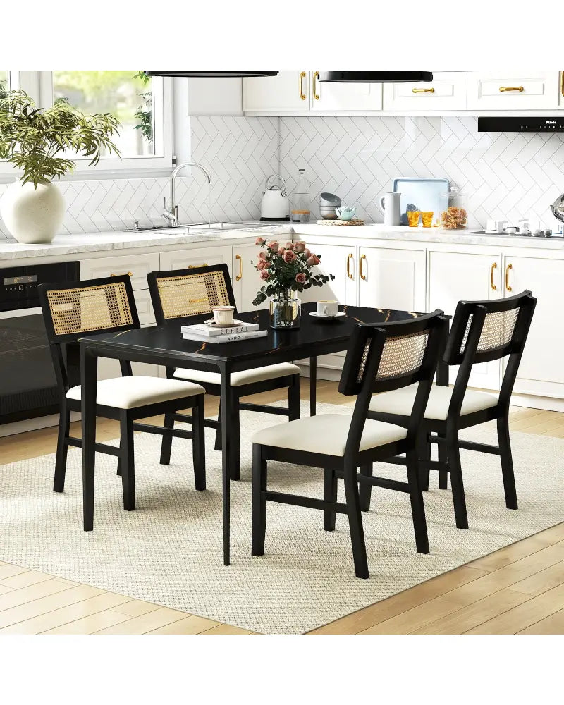 Rattan Dining Chairs Set of 2 Fabric Upholstered Kitchen Chairs with Padded Seat and Rubber Wood Legs-Black - Black