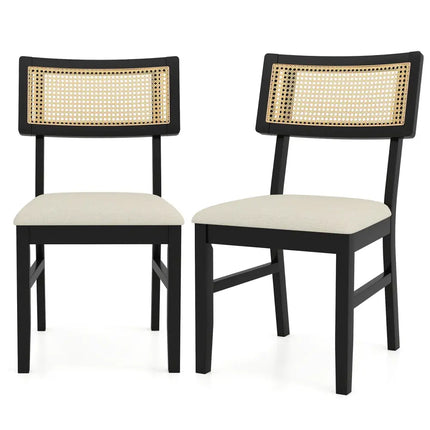 Rattan Dining Chairs Set of 2 Fabric Upholstered Kitchen Chairs with Padded Seat and Rubber Wood Legs-Black - Black