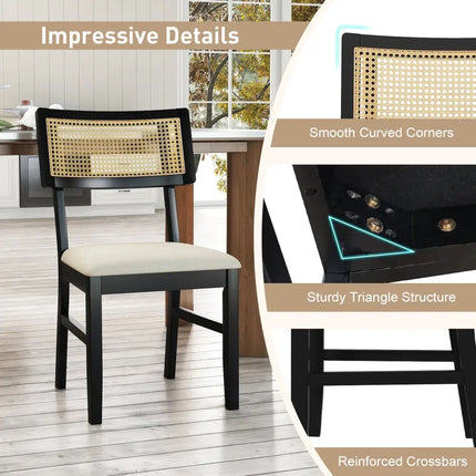 Rattan Dining Chairs Set of 2 Fabric Upholstered Kitchen Chairs with Padded Seat and Rubber Wood Legs-Black - Black