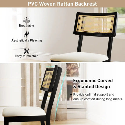 Rattan Dining Chairs Set of 2 Fabric Upholstered Kitchen Chairs with Padded Seat and Rubber Wood Legs-Black - Black