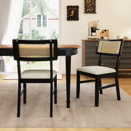 Rattan Dining Chairs Set of 2 Fabric Upholstered Kitchen Chairs with Padded Seat and Rubber Wood Legs-Black - Black