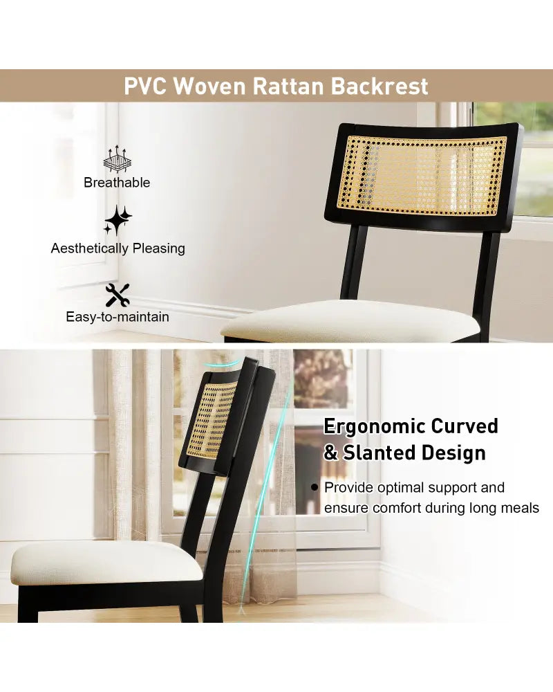 Rattan Dining Chairs Set of 2 Fabric Upholstered Kitchen Chairs with Padded Seat and Rubber Wood Legs-Black - Black