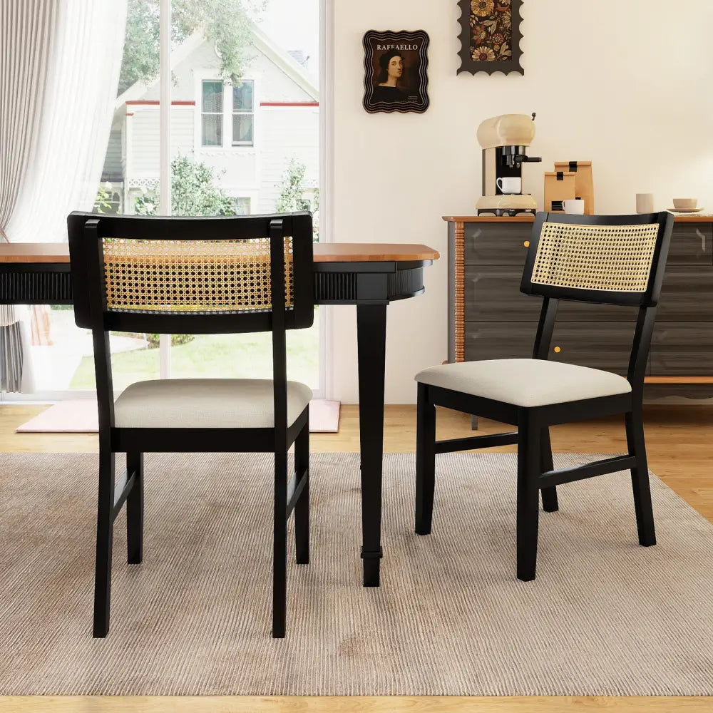 Rattan Dining Chairs Set of 2 Fabric Upholstered Kitchen Chairs with Padded Seat and Rubber Wood Legs-Black - Black