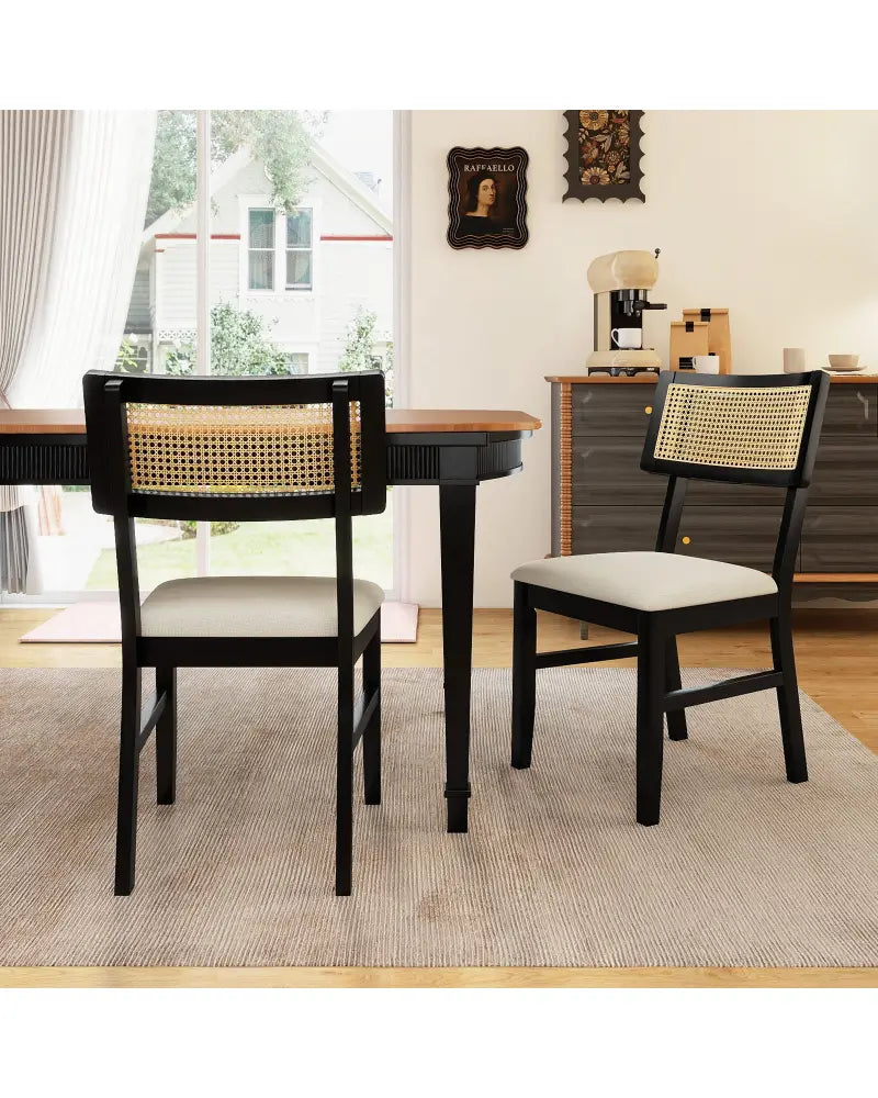 Rattan Dining Chairs Set of 2 Fabric Upholstered Kitchen Chairs with Padded Seat and Rubber Wood Legs-Black - Black