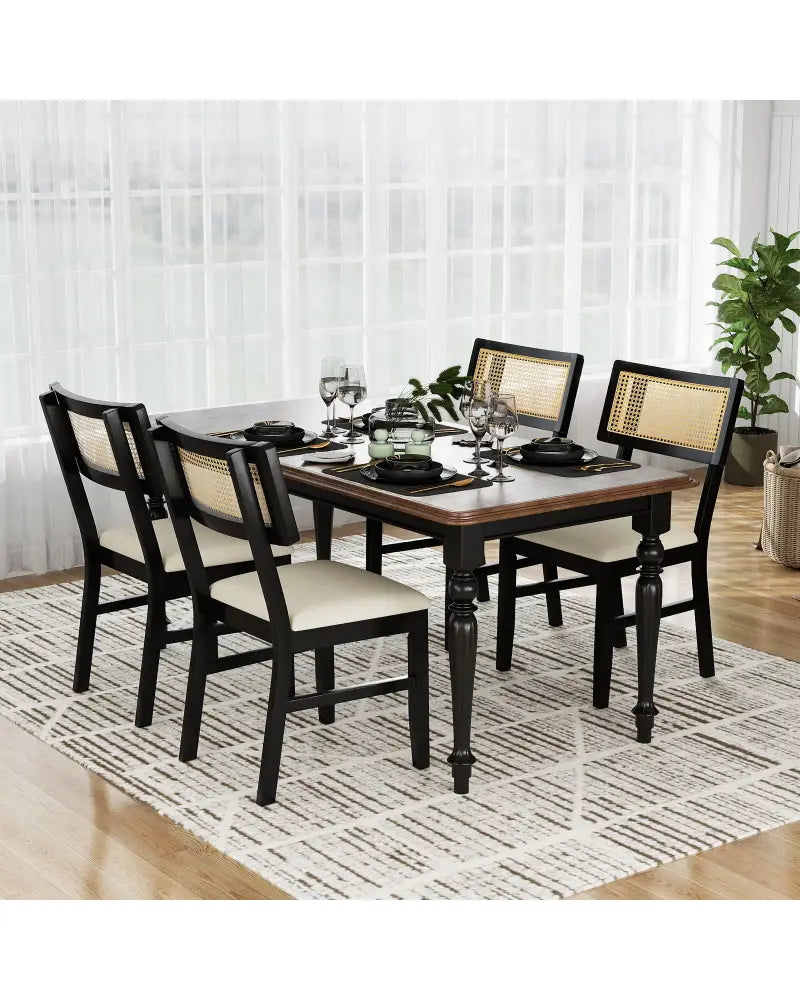 Rattan Dining Chairs Set of 2 Fabric Upholstered Kitchen Chairs with Padded Seat and Rubber Wood Legs-Black - Black