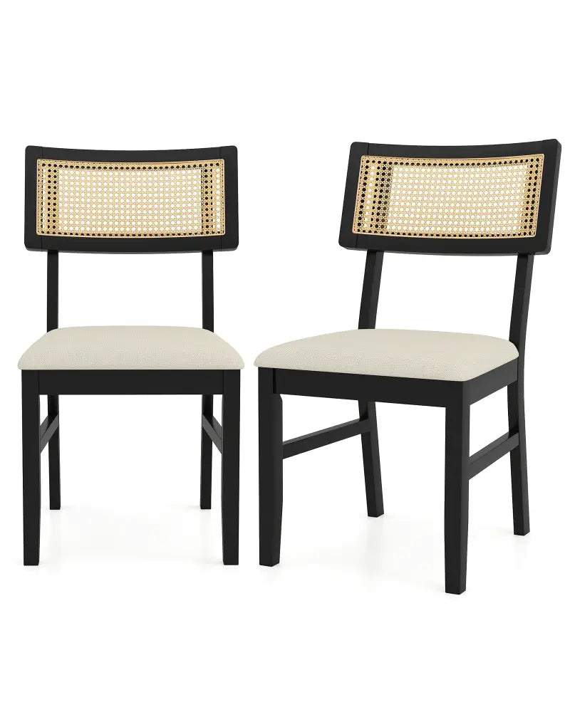 Rattan Dining Chairs Set of 2 Fabric Upholstered Kitchen Chairs with Padded Seat and Rubber Wood Legs-Black - Black