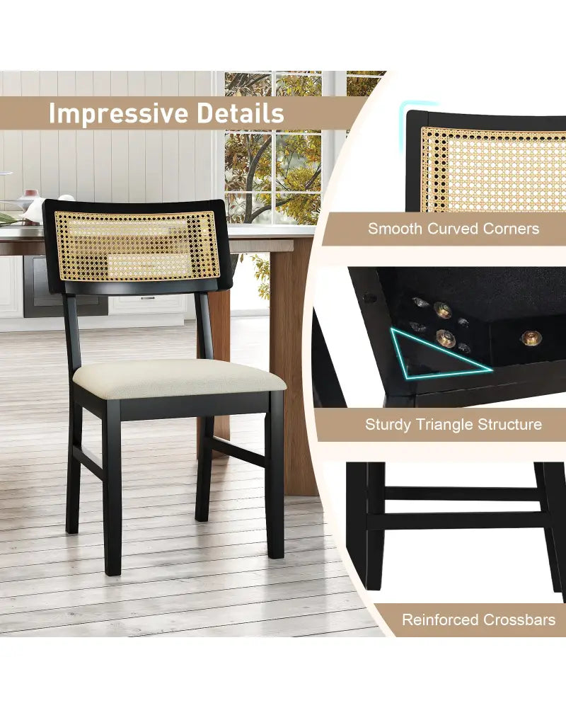 Rattan Dining Chairs Set of 2 Fabric Upholstered Kitchen Chairs with Padded Seat and Rubber Wood Legs-Black - Black