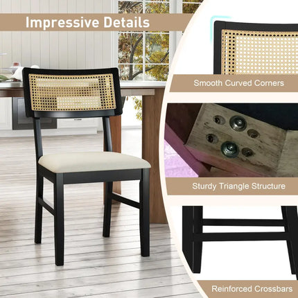 Rattan Dining Chairs Set of 4 Fabric Upholstered Kitchen Chairs with Padded Seat and Rubber Wood Legs-Black - Black