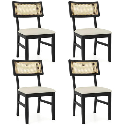 Rattan Dining Chairs Set of 4 Fabric Upholstered Kitchen Chairs with Padded Seat and Rubber Wood Legs-Black - Black