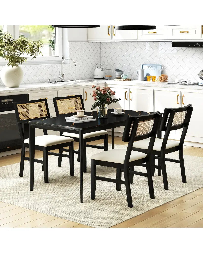 Rattan Dining Chairs Set of 4 Fabric Upholstered Kitchen Chairs with Padded Seat and Rubber Wood Legs-Black - Black