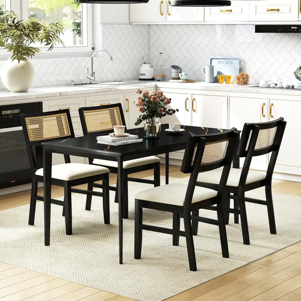 Rattan Dining Chairs Set of 4 Fabric Upholstered Kitchen Chairs with Padded Seat and Rubber Wood Legs-Black - Black