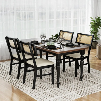 Rattan Dining Chairs Set of 4 Fabric Upholstered Kitchen Chairs with Padded Seat and Rubber Wood Legs-Black - Black