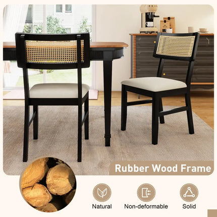 Rattan Dining Chairs Set of 4 Fabric Upholstered Kitchen Chairs with Padded Seat and Rubber Wood Legs-Black - Black