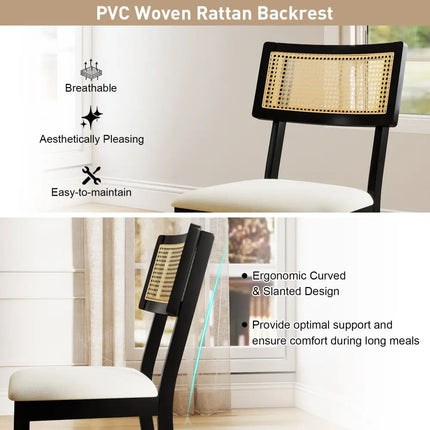 Rattan Dining Chairs Set of 4 Fabric Upholstered Kitchen Chairs with Padded Seat and Rubber Wood Legs-Black - Black