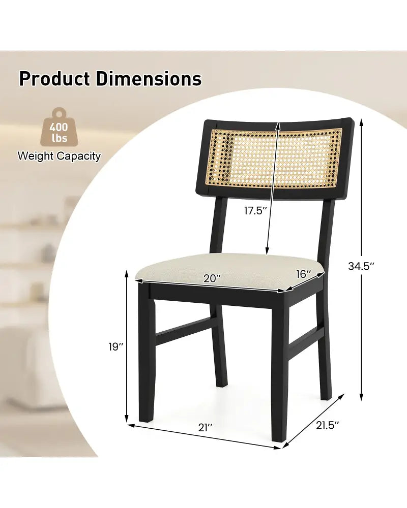 Rattan Dining Chairs Set of 4 Fabric Upholstered Kitchen Chairs with Padded Seat and Rubber Wood Legs-Black - Black