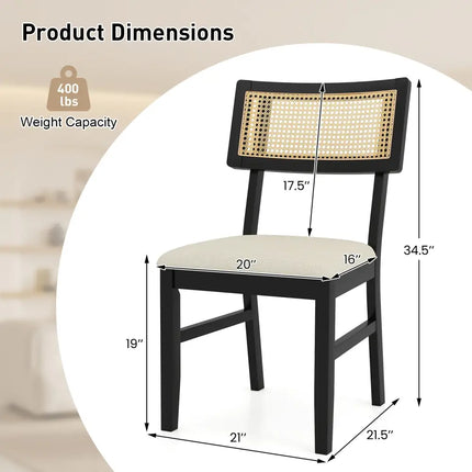 Rattan Dining Chairs Set of 4 Fabric Upholstered Kitchen Chairs with Padded Seat and Rubber Wood Legs-Black - Black