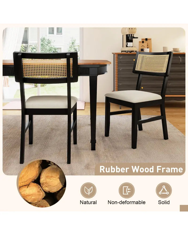Rattan Dining Chairs Set of 4 Fabric Upholstered Kitchen Chairs with Padded Seat and Rubber Wood Legs-Black - Black