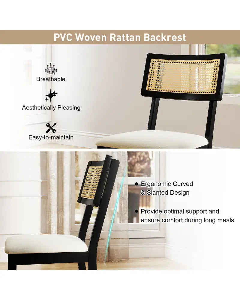 Rattan Dining Chairs Set of 4 Fabric Upholstered Kitchen Chairs with Padded Seat and Rubber Wood Legs-Black - Black