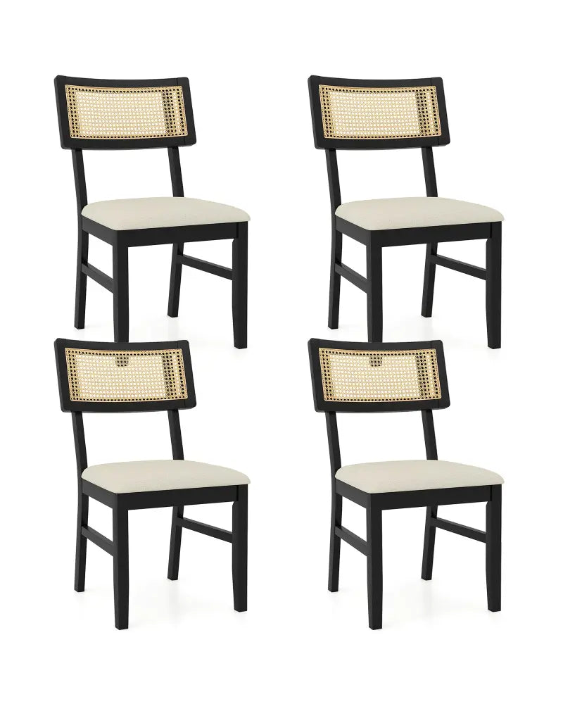 Rattan Dining Chairs Set of 4 Fabric Upholstered Kitchen Chairs with Padded Seat and Rubber Wood Legs-Black - Black