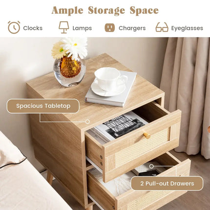 Rattan Nightstand Boho Accent Bedside Table with 2 Storage Drawers-Natural - Natural - Nightstands