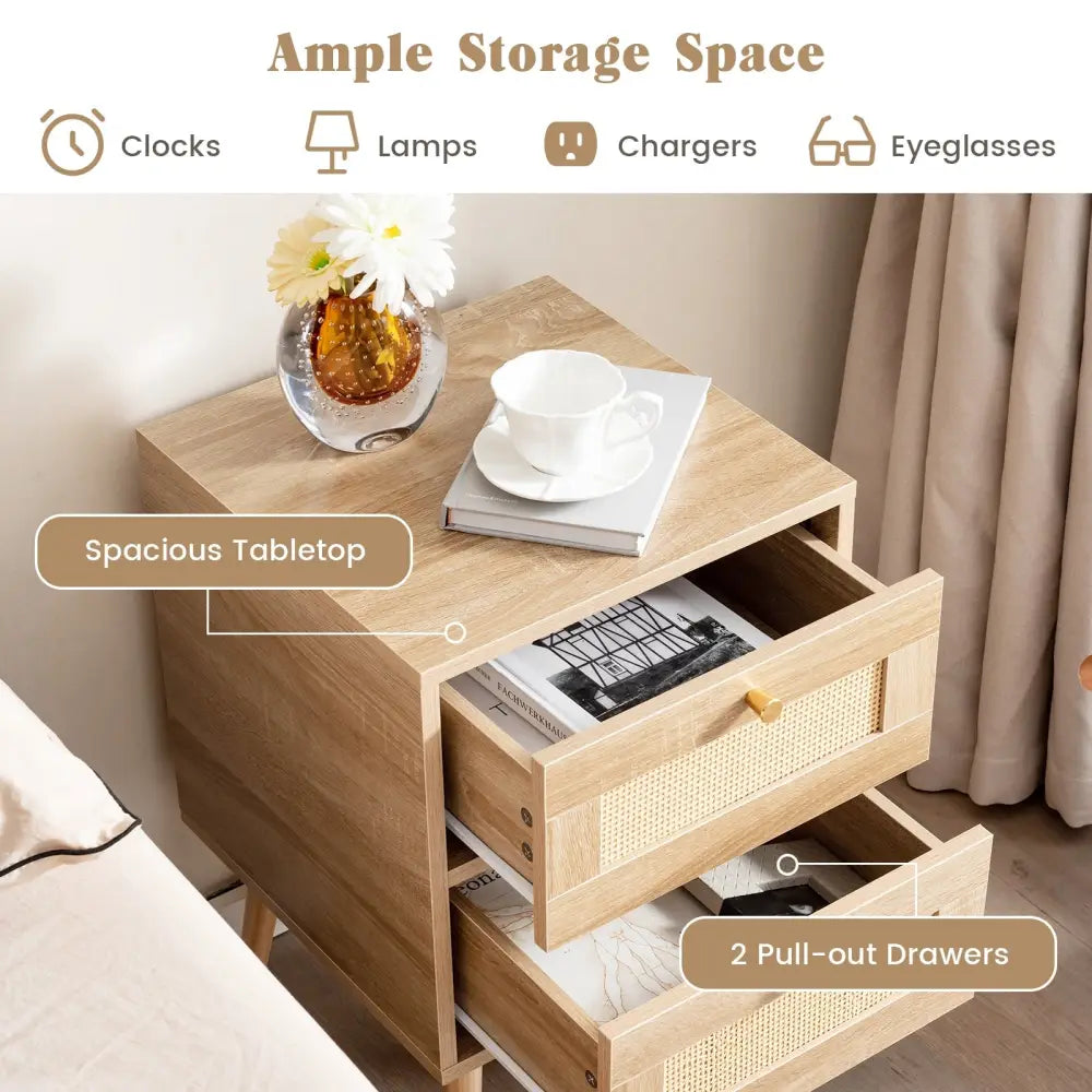 Rattan Nightstand Boho Accent Bedside Table with 2 Storage Drawers-Natural - Natural - Nightstands