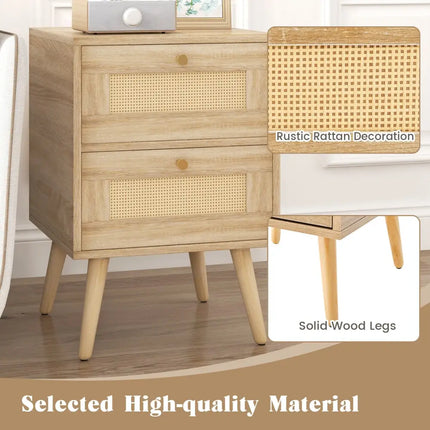 Rattan Nightstand Boho Accent Bedside Table with 2 Storage Drawers-Natural - Natural - Nightstands
