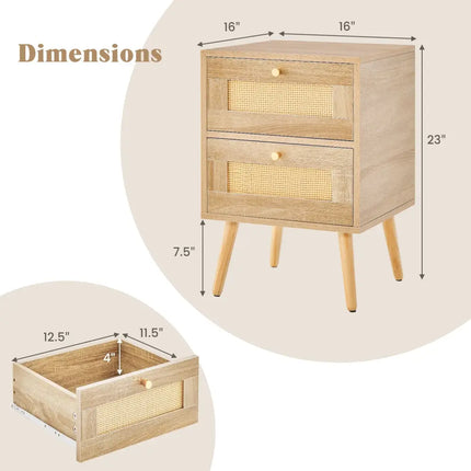Rattan Nightstand Boho Accent Bedside Table with 2 Storage Drawers-Natural - Natural - Nightstands