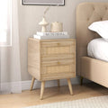 Rattan Nightstand Boho Accent Bedside Table with 2 Storage Drawers-Natural - Natural - Nightstands