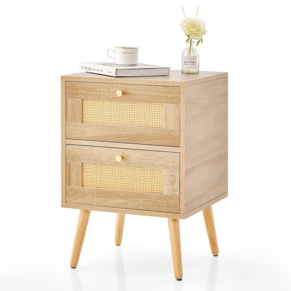 Rattan Nightstand Boho Accent Bedside Table with 2 Storage Drawers-Natural - Natural - Nightstands