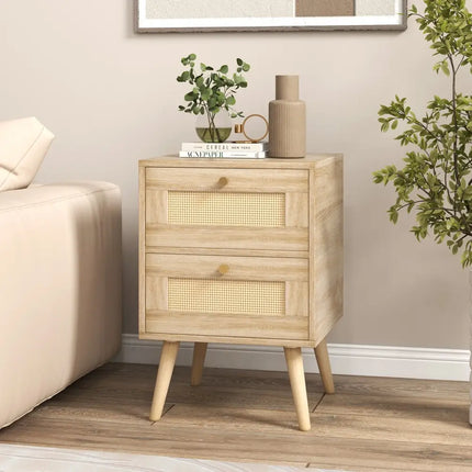 Rattan Nightstand Boho Accent Bedside Table with 2 Storage Drawers-Natural - Natural - Nightstands