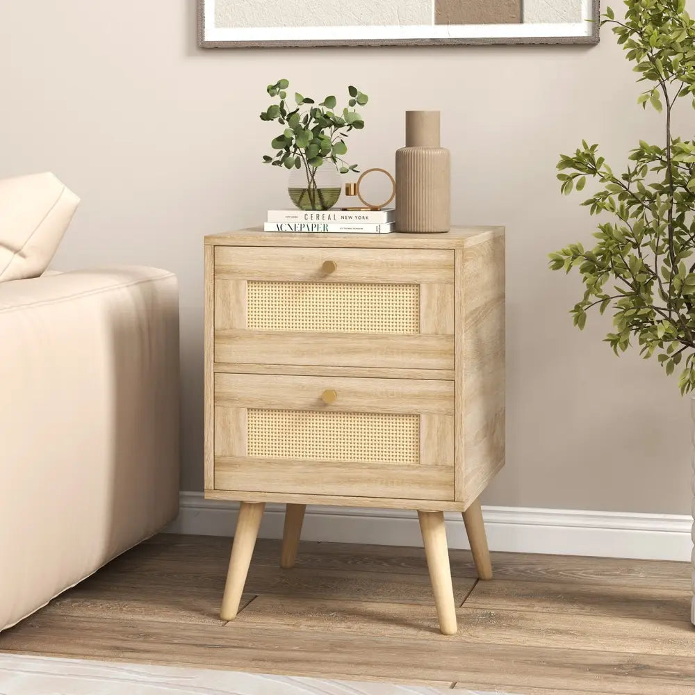 Rattan Nightstand Boho Accent Bedside Table with 2 Storage Drawers-Natural - Natural - Nightstands