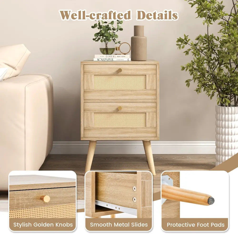 Rattan Nightstand Boho Accent Bedside Table with 2 Storage Drawers-Natural - Natural - Nightstands